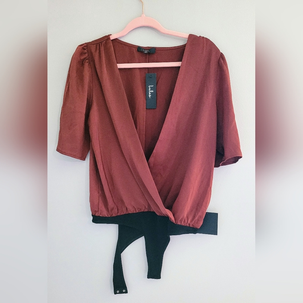 NWT Lulus Satin Rust Wrap Bodysuit Top